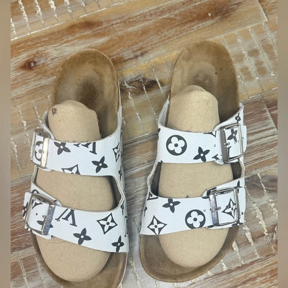 Birkenstock Custom White and Black Patterned Two-Strap Sandals - Picture 3 of 8